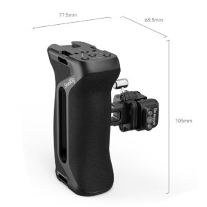 The SmallRig 4017 NATO Side Handle Snap-on Quick Lock is black, textured camera handle with mounting points, measuring 77.5 mm wide, 68.5 mm deep and 105 mm high, featuring a side mount marked "SmallRig".