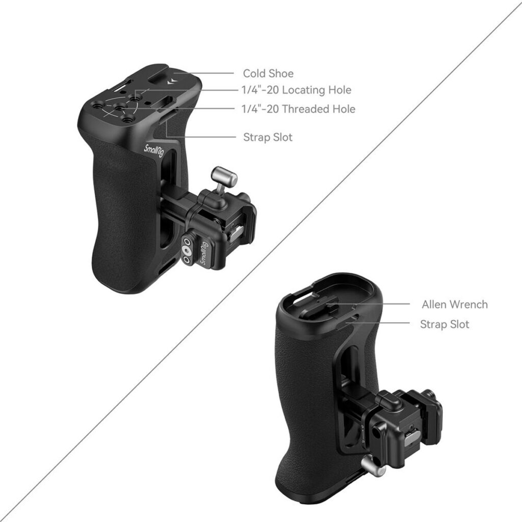 Two views of the SmallRig 4017 NATO Side Handle Snap-on Quick Lock in black, showing the labelled parts: cold shoe, 1/4"-20 mounting and threaded holes, strap hole, Allen key and the mounted clamp.