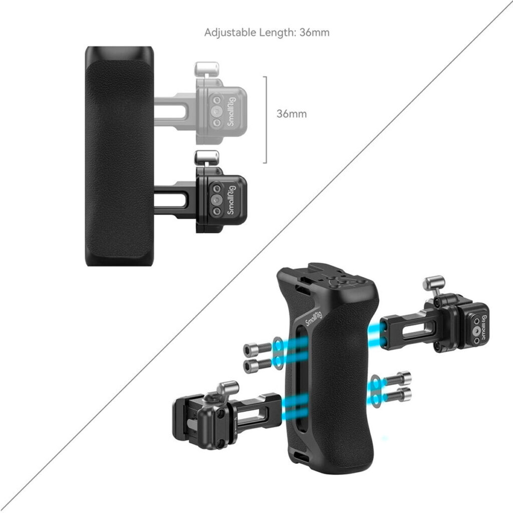 SmallRig 4017 NATO Side Handle Snap-on Quick Lock, pictured from various angles in black, includes an adjustable mounting bracket. The blue arrows and label highlight its adjustable 36 mm length.