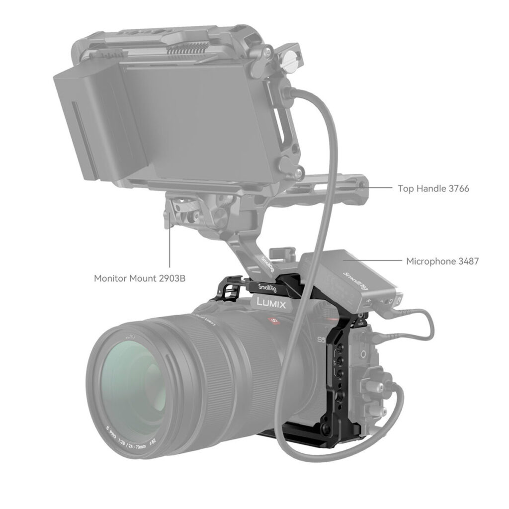 SmallRig-4022-4 SmallRig 4022 Cage for Panasonic Lumix S5 II & S5 IIX on esitetty harmaasävyisenä ja siinä on merkittyjä lisävarusteita: yläkahva (3766), monitorikiinnike (2903B) ja mikrofoni (3487). Kameran objektiivi erottuu värillisenä.