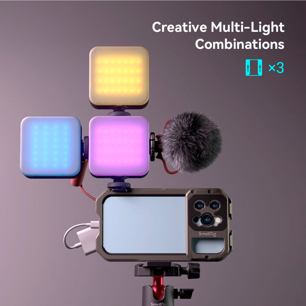 SmallRig-4055-5 SmallRig 4055 Vibe P108 Video Light RGB -älypuhelinrigi sisältää kolme värikästä LED-valoa ja mikrofonin luovaa monivalotekniikkaa varten. Teksti: "Luovia monivaloyhdistelmiä x3.
