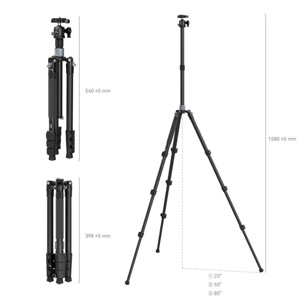 SmallRig-4059-4 SmallRig 4059 Carbon Fiber Tripod Kit With Center Column AP-20 on esitetty kolmessa asennossa: täysin kokoontaitettuna (398 mm), osittain ulosvedettynä (540 mm) ja täysin ulosvedettynä (1580 mm), ja kunkin asennon mitat on merkitty.