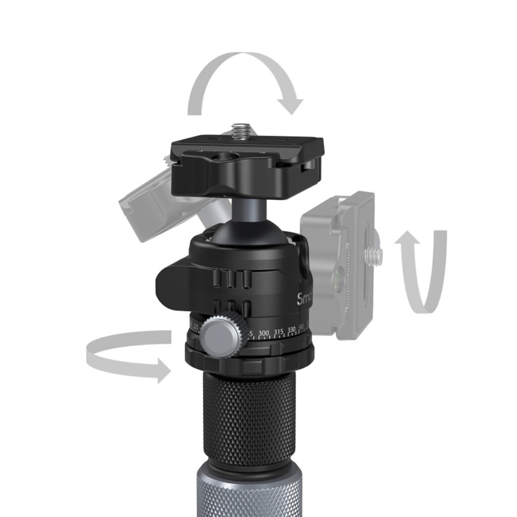 SmallRig-4059-5 Lähikuva SmallRig 4059 Carbon Fiber Tripod Kit With Center Column AP-20:n mustasta pallopäästä, jossa korostuvat sen kierto- ja kallistustoiminnot säätönupilla ja läpikuultavilla kaarevilla nuolilla pään ympärillä.