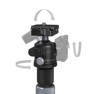 SmallRig-4059-5 Lähikuva SmallRig 4059 Carbon Fiber Tripod Kit With Center Column AP-20:n mustasta pallopäästä, jossa korostuvat sen kierto- ja kallistustoiminnot säätönupilla ja läpikuultavilla kaarevilla nuolilla pään ympärillä.