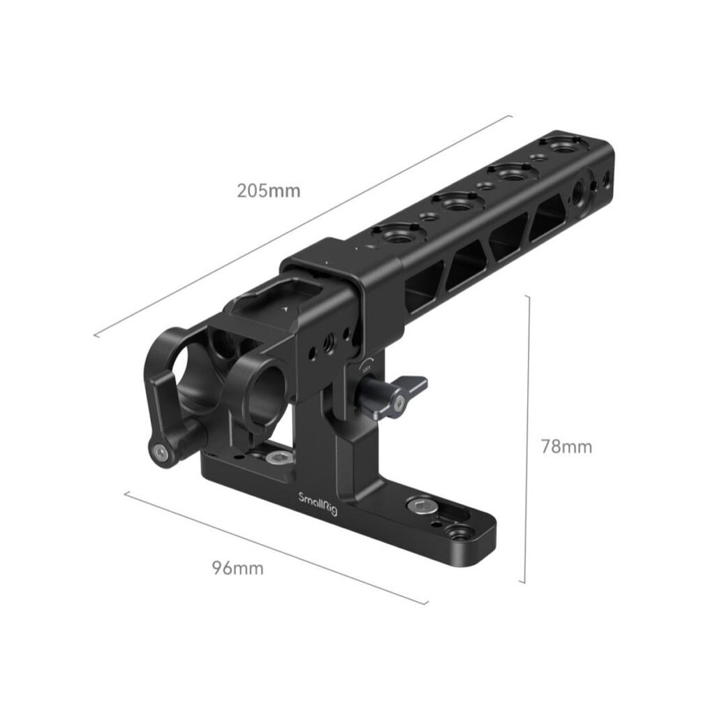 SmallRig-4062-2 SmallRig 4062 Top Handle for RED Komodo / V-Raptor / V-Raptor XL on musta metallinen kahva, jossa on useita kiinnitysreikiä ja jonka pituus on 205 mm, korkeus 78 mm ja leveys 96 mm.