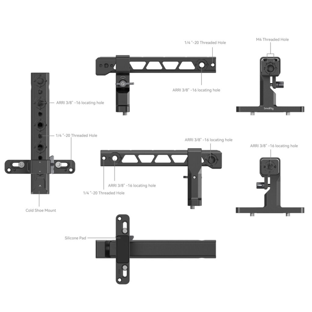 SmallRig-4062-3 Kaavio, jossa näkyy useita näkymiä SmallRig 4062 Top Handle for RED Komodo/V-Raptor/XL -laitteeseen, ja jossa korostuvat ARRI 3/8"-16 -paikoitusreiät, 1/4"-20- ja M4-kierrereiät, kylmäkenkäkiinnitys ja silikonialusta.
