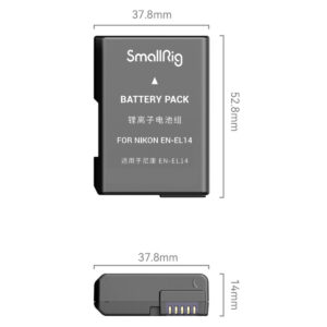 SmallRig-4069-3 SmallRig 4069 Kamera-akku EN-EL14 edestä ja sivulta, mitat 37,8 mm leveä, 52,8 mm korkea ja 14 mm paksu; metallikontaktit näkyvät sivukuvassa.