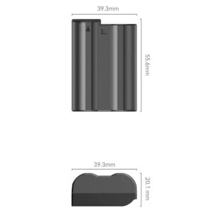 SmallRig-4070-3 SmallRig 4070 -kameran akku EN-EL15 on esitetty edestä ja sivulta, ja sen mitat on merkitty: 39,3 mm leveä, 55,6 mm korkea ja 20,1 mm syvä.