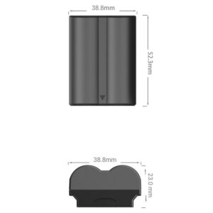 SmallRig-4072-3 SmallRig 4072 Camera Battery NP-W235 on musta, suorakulmainen akku, jonka mitat ovat 38,8 mm leveä, 52,3 mm korkea ja 23,0 mm syvä, ja siinä on pyöristetty yläosa ja litteä pohja, jossa on lovi.
