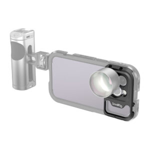 SmallRig 4080 17mm Threaded Lens Backplate for iPhone 14 Pro Cage on suojakotelo, jossa on irrotettava objektiivi ja sivukahva, joka on suunniteltu parantamaan iPhone 14 Pro -mobiilikuvausta.