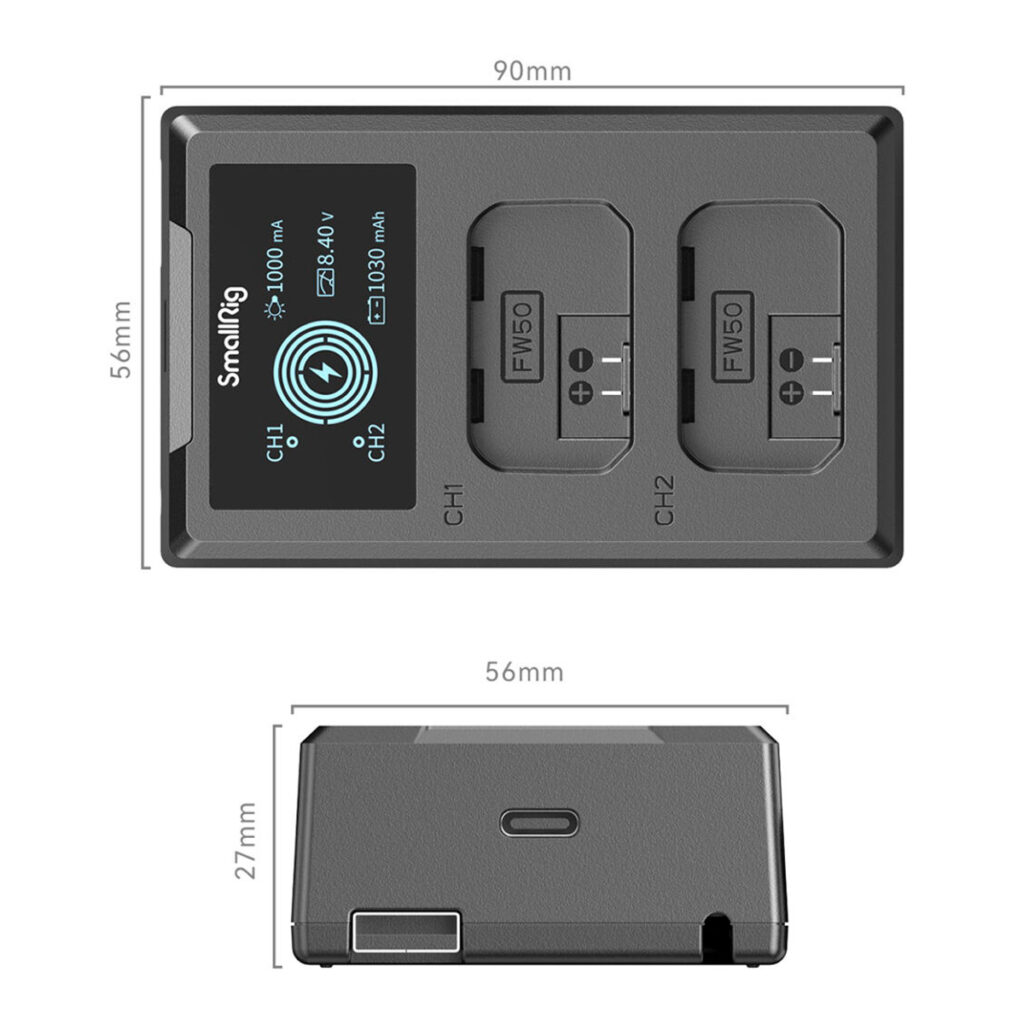 SmallRig-4081-3 SmallRig 4081 -akkulaturin ylä- ja sivukuvat NP-FW50-akuille, joissa näkyvät merkityt akkupaikat (CH1, CH2), LCD-näyttö ja mitat: 90mm x 56mm x 27mm.