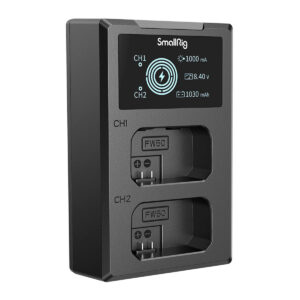SmallRig-4081 The SmallRig 4081 battery charger for NP-FW50 batteries is black, has an LCD display showing the charging status, has two slots marked CH1 and CH2 and holds two FW50 batteries.