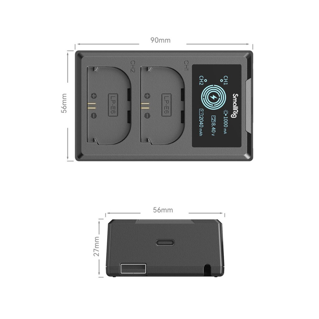 SmallRig-4084-2 The SmallRig 4084 battery charger for LP-E6 batteries features a rectangular design with two charging slots (CH1 and CH2), an LCD display for charging status and charger dimensions of 90 mm x 56 mm x 27 mm and a 56 mm x 27 mm component.