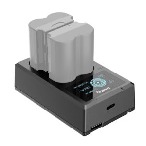 SmallRig-4085-2 The SmallRig 4085 battery charger for NP-W235 batteries, pictured in black with digital display, charges a large grey rectangular battery and features a power button and connection ports.
