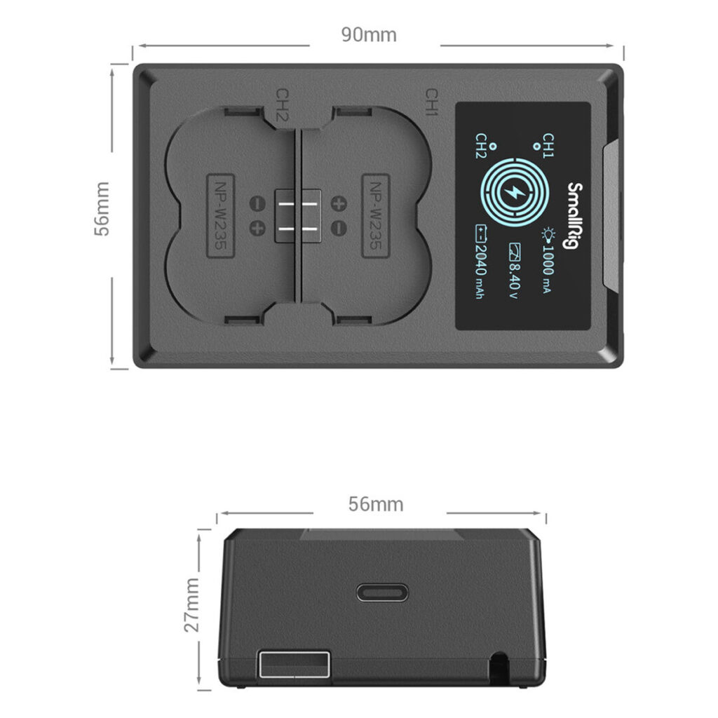 SmallRig-4085-3 The SmallRig 4085 battery charger has two slots for NP-W235 batteries (CH1 and CH2), an LCD display showing charging information, and measures 90 mm x 56 mm x 27 mm. The display shows both side and front views.