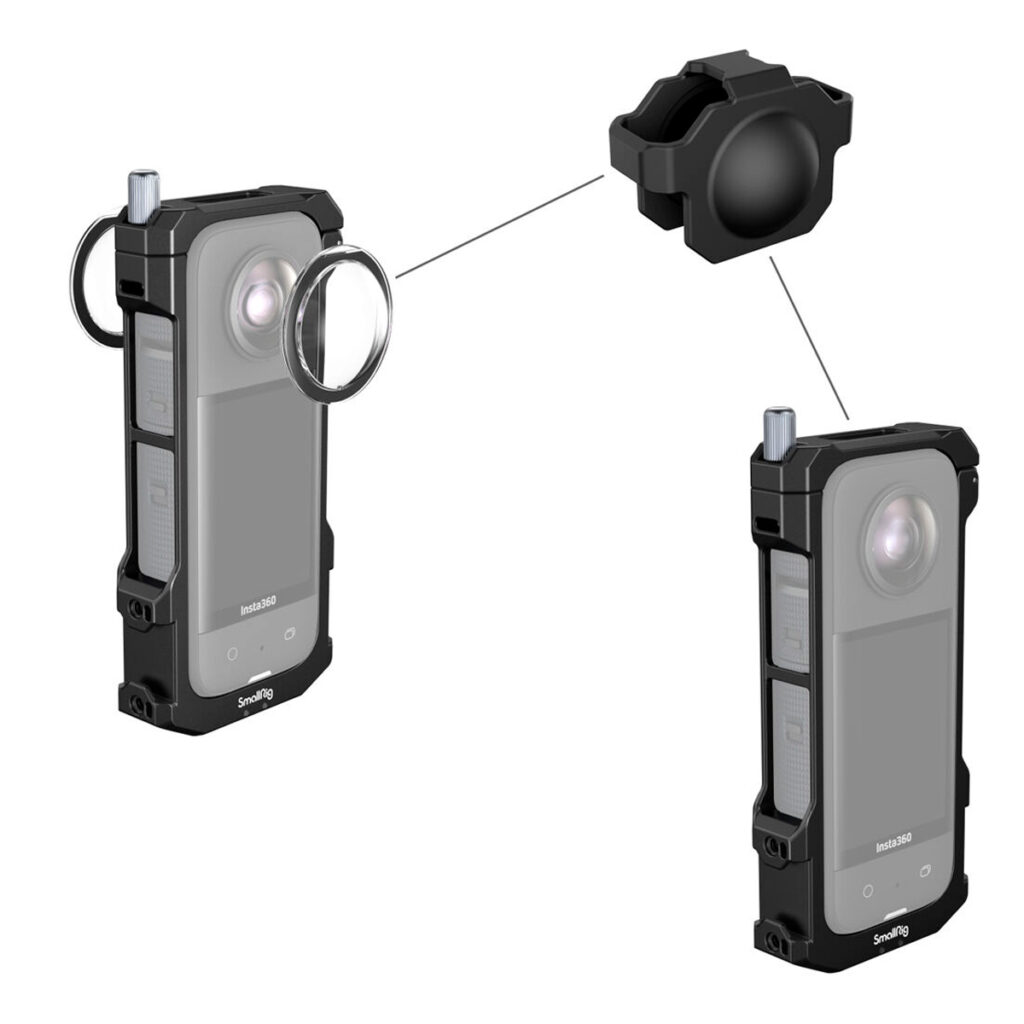 SmallRig-4088-4 Kuvassa on SmallRig 4088 -kehys Insta360 X3:lle, jossa on musta suojakansi kiinnitettynä kameran linssiin. Kuvassa näkyy sekä kamera linssisuojuksen kanssa että ilman sitä.