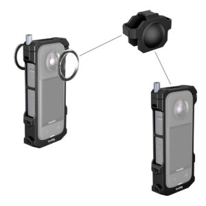 SmallRig-4088-4 Kuvassa on SmallRig 4088 -kehys Insta360 X3:lle, jossa on musta suojakansi kiinnitettynä kameran linssiin. Kuvassa näkyy sekä kamera linssisuojuksen kanssa että ilman sitä.