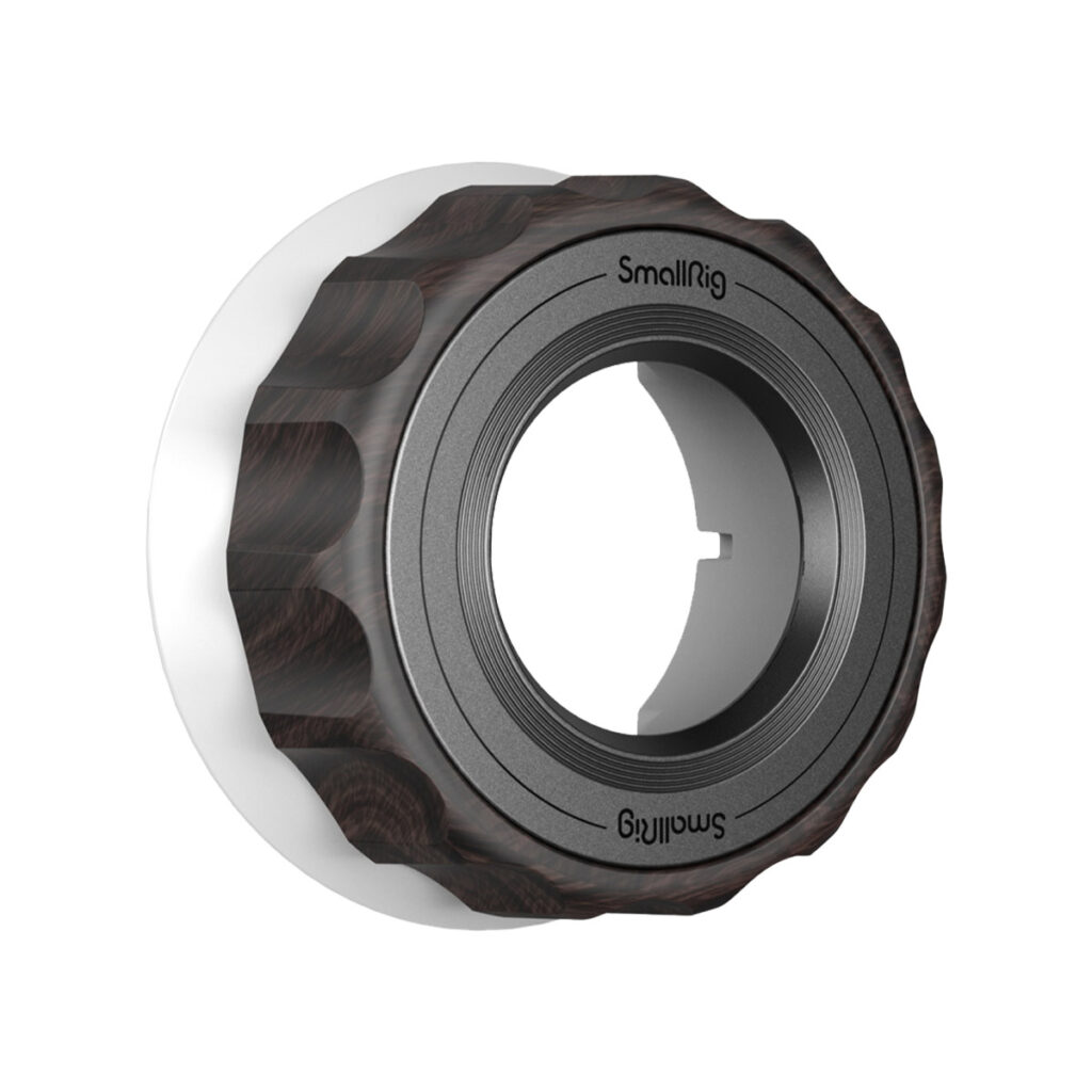 SmallRig-4091-1 SmallRig 4091 Follow Focus -merkintäkiekko (puinen), jossa on musta ja tummanruskea viimeistely, kuvassa valkoisella pohjalla.