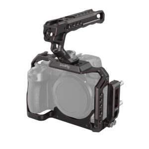 SmallRig-4098-1 SmallRig 4098 Handheld Cage Kit (rajoitettu erä) Nikon Z5/Z6/Z7/Z6 II/Z7 II:lle on kamerarigi, jossa on yläkahva ja useita lisävarustekiinnikkeitä, ja se koteloi kameran läpinäkyvän harmaalla värillä esittelyä varten.