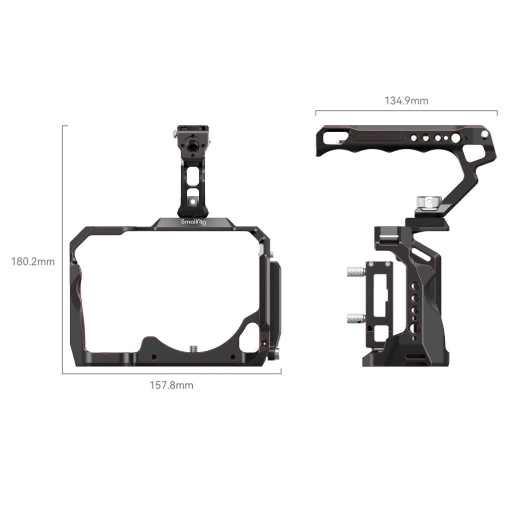 SmallRig-4098-2 SmallRig 4098 Handheld Cage Kit for Nikon Z5/Z6/Z7/Z6 II/Z7 II (Limited Edition) on esitetty mustana kahvalla, etu- ja sivukuvissa, merkittyjen mittojen kanssa: 180,2 mm korkea, 157,8 mm leveä, 134,9 mm kahvan pituus; sisältää useita kiinnityspisteitä.