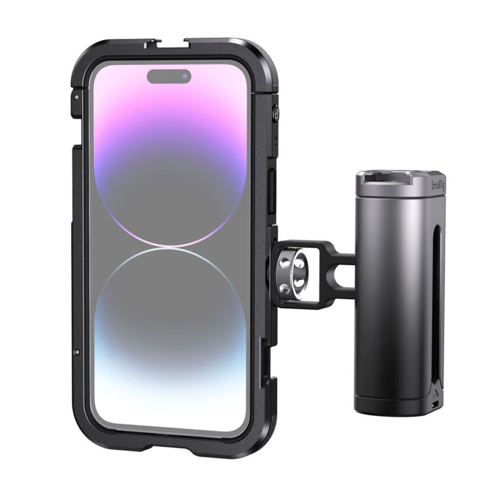 SmallRig-4099-2 SmallRig 4099 Mobile Video Cage Kit (Single Handheld) iPhone 14 Pro Max -puhelimelle sisältää tukevan mustan kotelon ja sylinterimäisen metallikahvakiinnikkeen, joka tarjoaa paremman vakautuksen kuvaamiseen tai valokuvaamiseen.
