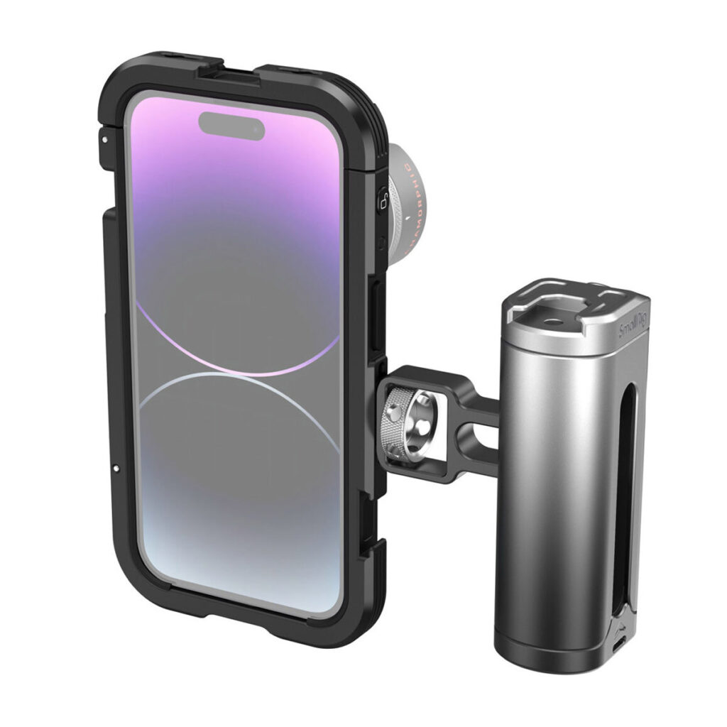 SmallRig-4100-2 SmallRig 4100 Mobile Video Cage Kit (Single Handheld) iPhone 14 Pro:lle sisältää suojaavan häkin, metallisen kahvan ja pyöreän linssikiinnikkeen - ihanteellinen älypuhelinvalokuvaukseen ja videokuvaukseen.