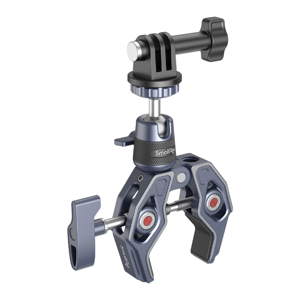 SmallRig-4102-1 SmallRig 4102 Super Clamp with 360 Ballhead Mount tarjoaa turvallisen kiinnityksen toimintakameroille, ja siinä on säädettävä metallinen kiinnitin, pyörivä varsi nupilla, kuvioidut kahvat ja useita ruuvisäätöjä.