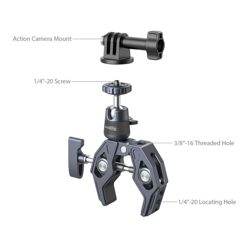 SmallRig-4102-3 SmallRig 4102 Super Clamp with 360 Ballhead Mount -kiinnikkeellä varustetun SmallRig 4102 Super Clamp -kiinnittimen merkitty kaavio, jossa näkyy toimintakameran kiinnike, 1/4-20 ruuvi, 3/8-16 kierteinen reikä ja 1/4-20 paikoitusreikä.