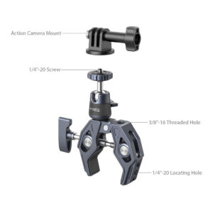 SmallRig-4102-3 SmallRig 4102 Super Clamp with 360 Ballhead Mount -kiinnikkeellä varustetun SmallRig 4102 Super Clamp -kiinnittimen merkitty kaavio, jossa näkyy toimintakameran kiinnike, 1/4-20 ruuvi, 3/8-16 kierteinen reikä ja 1/4-20 paikoitusreikä.