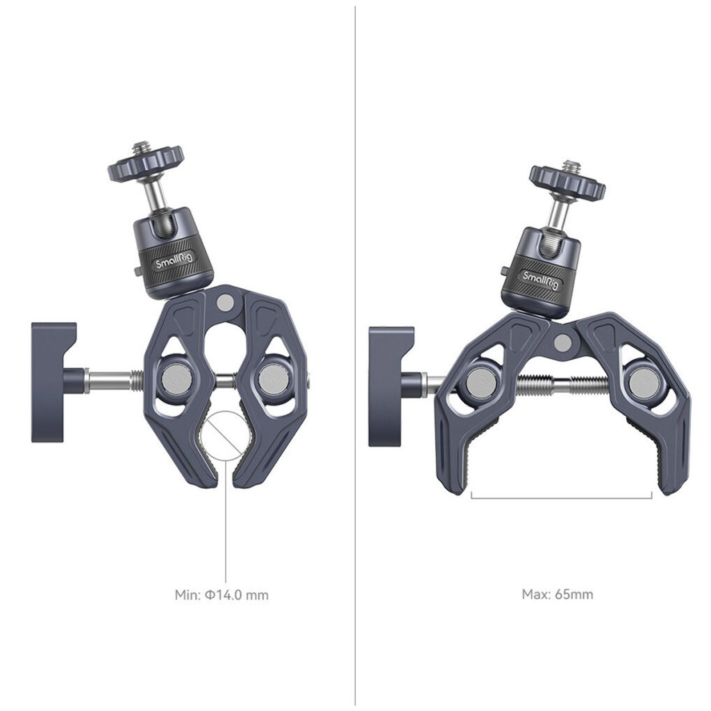 SmallRig-4102-4 SmallRig 4102 Super Clamp with 360 Ballhead Mount for Action Cameras on esitetty kahdella leveydellä - pienimmällä (14,0 mm) ja suurimmalla (65 mm) - osoittaen sen säädettävissä olevan pitoalueen erikokoisille kohteille.