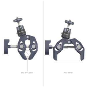 SmallRig-4102-4 SmallRig 4102 Super Clamp with 360 Ballhead Mount for Action Cameras on esitetty kahdella leveydellä - pienimmällä (14,0 mm) ja suurimmalla (65 mm) - osoittaen sen säädettävissä olevan pitoalueen erikokoisille kohteille.