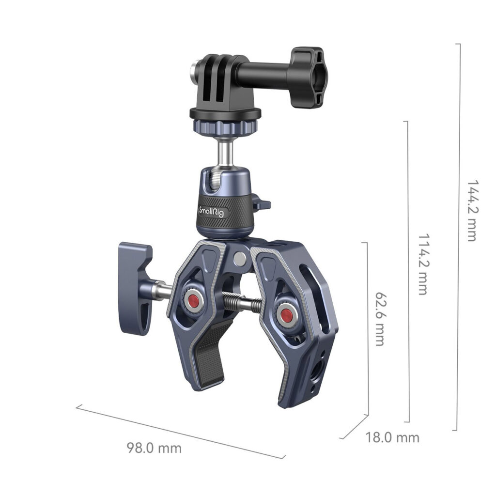 SmallRig-4102-5 SmallRig 4102 Super Clamp with 360 Ballhead Mount for Action Cameras on kuvassa merkittyjen mittojen kanssa: 98,0 mm leveä, 18,0 mm syvä ja korkeudet 62,6 mm, 114,2 mm ja 144,2 mm.