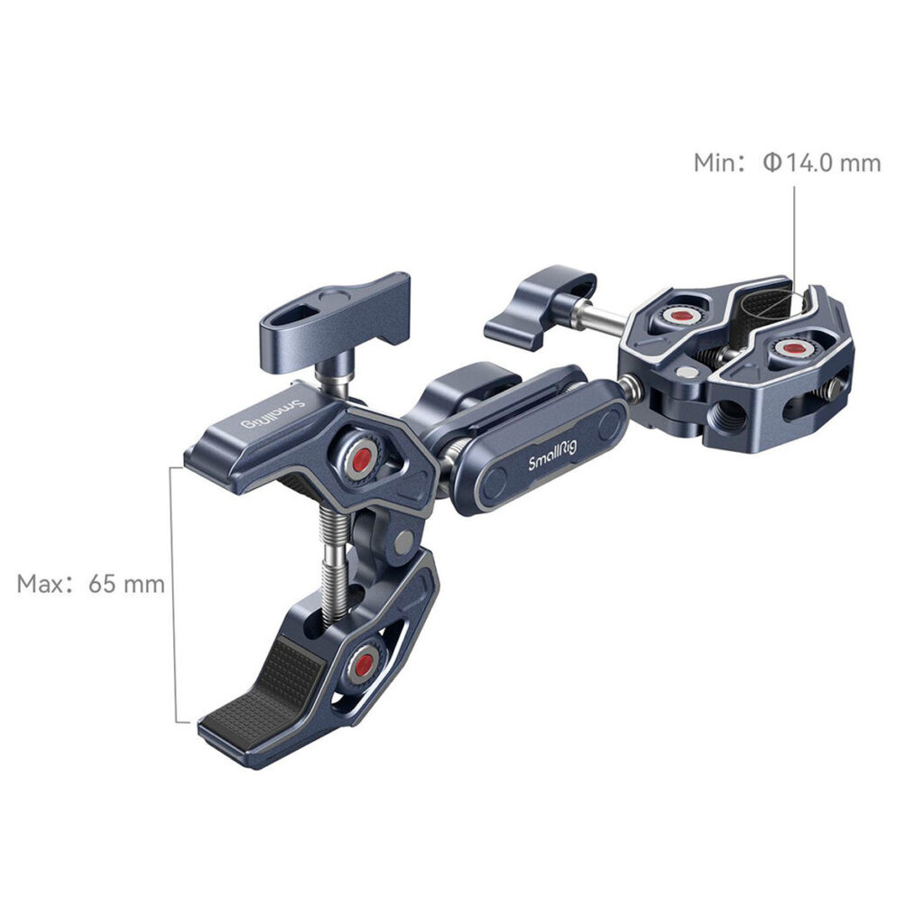 SmallRig-4103-5 SmallRig 4103 Super Clamp, jossa on kaksinkertaiset ravunmuotoiset kiinnittimet, kiinnittää varusteet turvallisesti, ja siinä on nivelletyt nivelet, pehmustetut kahvat ja säädettävä aukko, jonka halkaisija on vähintään 14,0 mm ja enintään 65 mm.