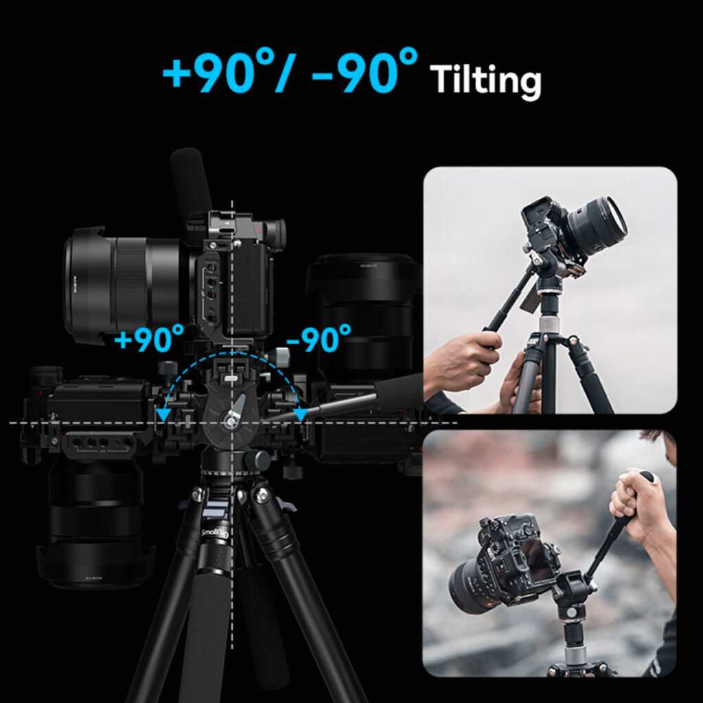SmallRig-4104-5 SmallRig 4104 Video Head with Mount Plate for Vertical Shooting -videopää kallistuu +90°:sta -90°:een, ja kuvissa näkyy kädet, jotka säätävät kameraa sekä pysty- että vaakakulmiin. Sininen teksti näyttää +90°/-90° kallistuksen.