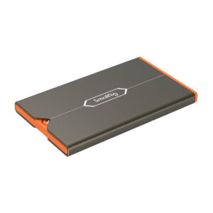 SmallRig-4107-3 Slim, rectangular memory card case with metallic grey finish, orange edges and "SmallRig" printed in white at the top centre; designed for Sony CFexpress Type A cards.
