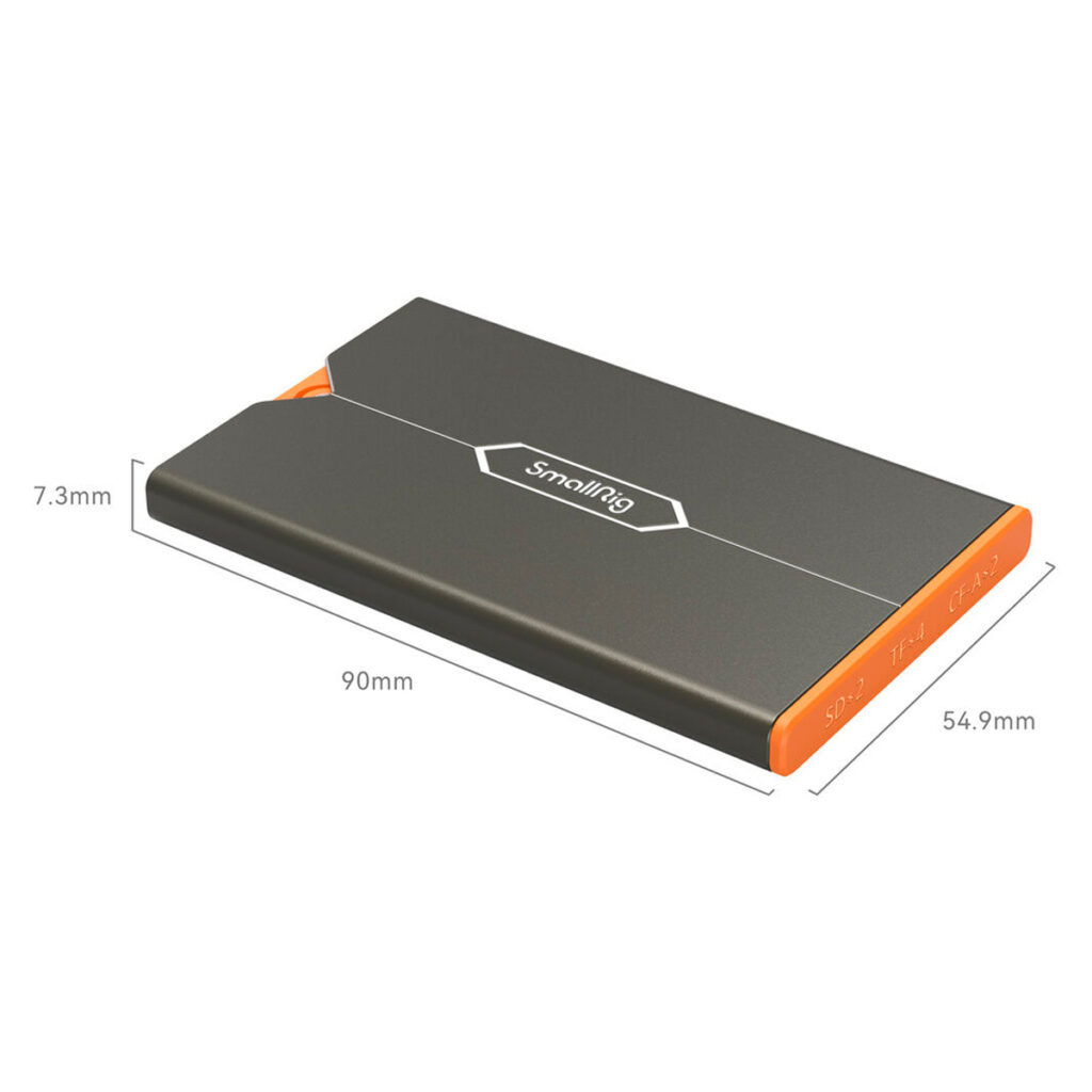 SmallRig-4107-4 The SmallRig 4107 memory card case for Sony CFexpress Type A memory cards is a slim, rectangular portable device with a grey and orange case, measuring 90 mm x 54.9 mm x 7.3 mm. The brand logo appears at the top and the measurement lines indicate its dimensions.