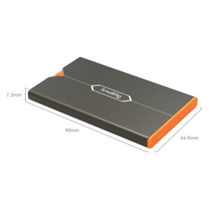 SmallRig-4107-4 The SmallRig 4107 memory card case for Sony CFexpress Type A memory cards is a slim, rectangular portable device with a grey and orange case, measuring 90 mm x 54.9 mm x 7.3 mm. The brand logo appears at the top and the measurement lines indicate its dimensions.