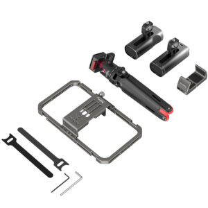 SmallRig-4120-2 SmallRig 4120 All-In-One Video Kit Mobile Pro sisältää kamerahäkin, pienen jalustan, kaksi kahvaa, puhelimen pidikkeen, työkalut ja kiinnitystelineet - kaikki siististi järjestettynä valkoisella pohjalla.