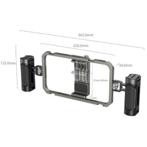 SmallRig-4121-2 Technical diagram of the SmallRig 4121 All-In-One Video Kit Mobile Basic, a rectangular camera unit with two side handles. Dimensions: width 363 mm, height 125 mm, depth 34 mm; phone holder width adjustable from 57 to 90 mm.