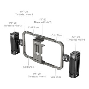 SmallRig-4121-3 The SmallRig 4121 All-In-One Video Kit Mobile Basic includes a metal camera cage with two side handles, several 1/4-20 threaded holes and cold shoe mounts for accessories, clearly marked on the supplied installation diagram.