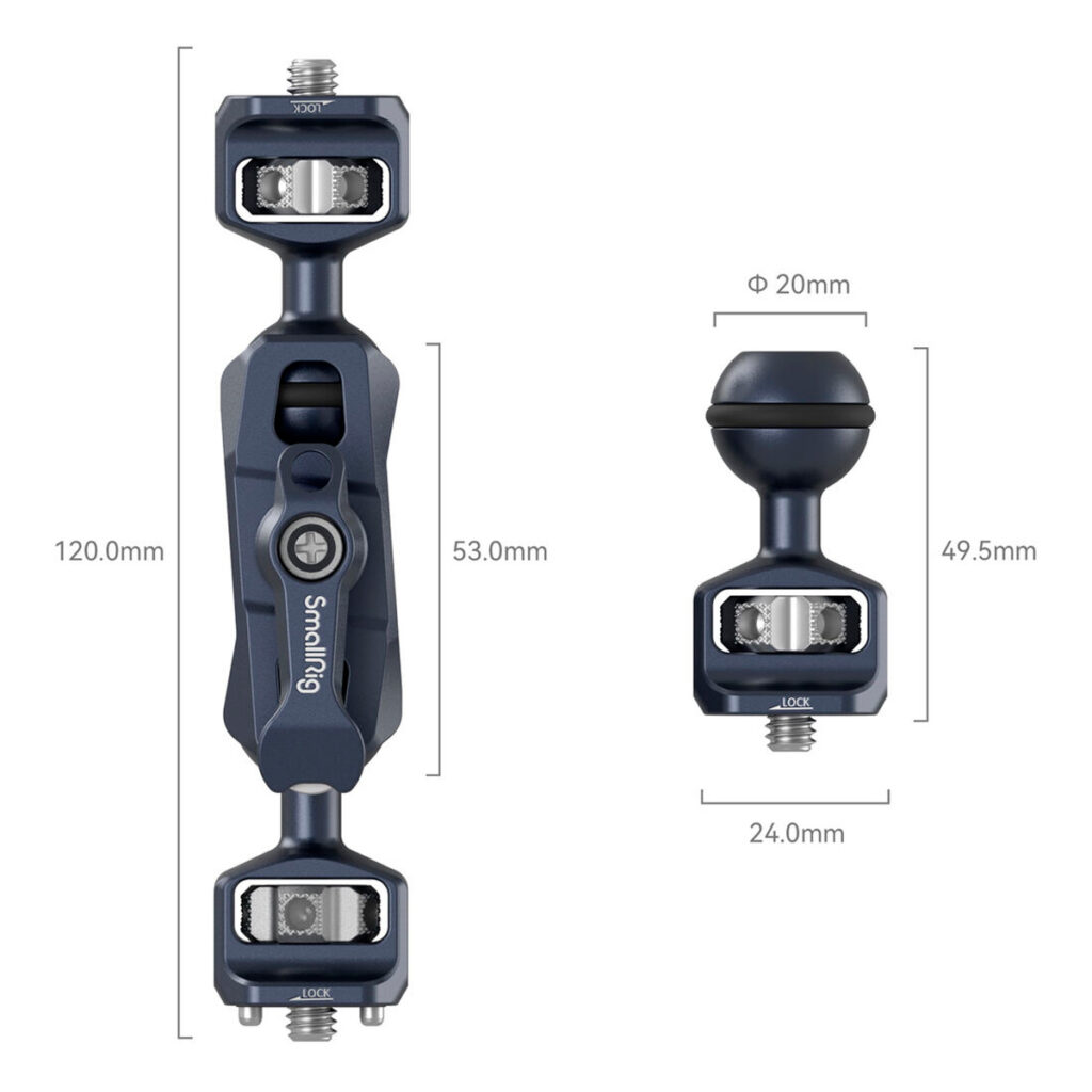 SmallRig-4123-3 SmallRig 4123 Magic Arm for Sony FX6/FS5/FS5II sisältää metallisen kiinnitysvarren (120mm x 24mm) ja palloniveladapterin (49,5mm x 20mm), joissa molemmissa on lukitusmekanismi ja metallinen viimeistely.