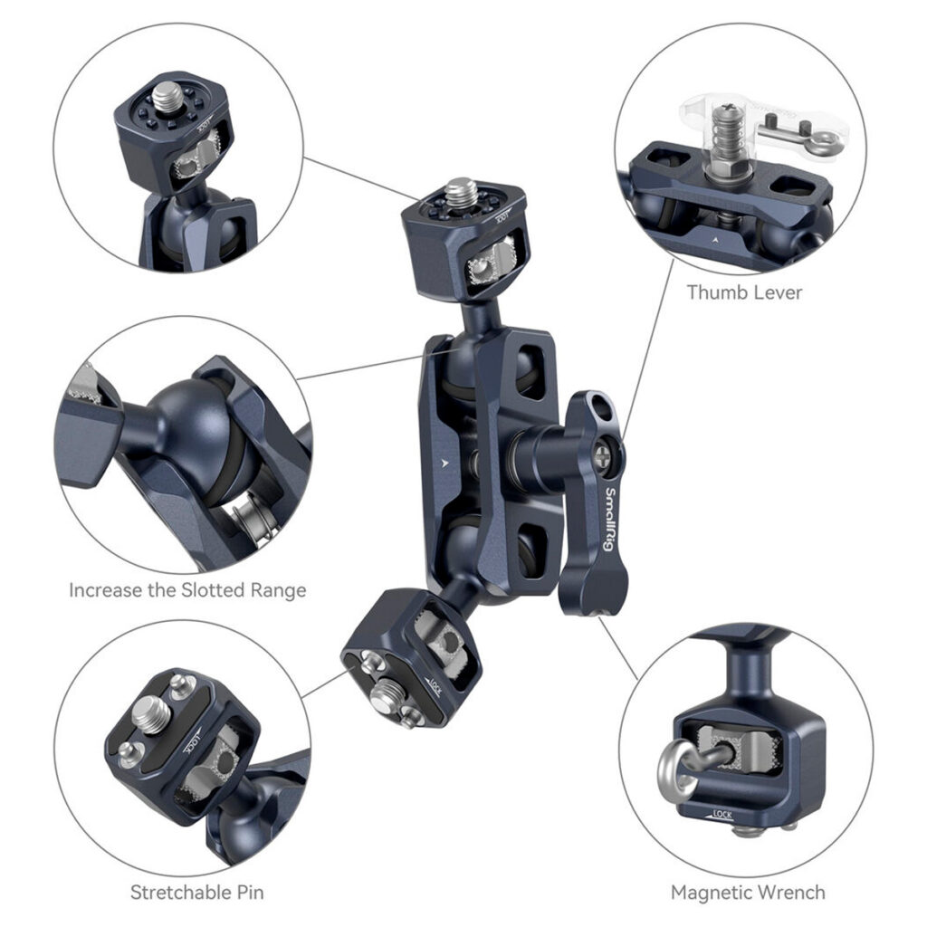 SmallRig-4123-4 Kaavio SmallRig 4123 Magic Arm for Sony FX6/FS5/FS5II -kameravarresta ja lähikuvia, joissa korostuvat sen laajennettu ura-alue, venyvä tappi, magneettiavain ja peukalovipu.