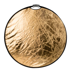 SmallRig-4127-3 SmallRig 4127 Circular Reflector 56cm Collapsible 5-in-1 with Handle on pyöreä, ryppyinen kultainen heijastin, jossa on musta reunus ja kahva, ihanteellinen valokuvaukseen valon heijastamiseen.