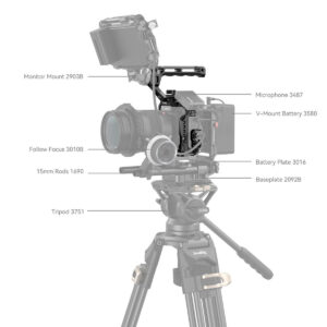 SmallRig-4143-4 SmallRig 4143 Cage Kit for Panasonic Lumix S5 II & S5 IIX on esitetty asennettuna jalustalle, ja siinä on merkitty komponentit: monitorikiinnitys, mikrofoni, V-mount-akku, seurantatarkennus, akkulevy, 15 mm:n tangot ja pohjalevy.