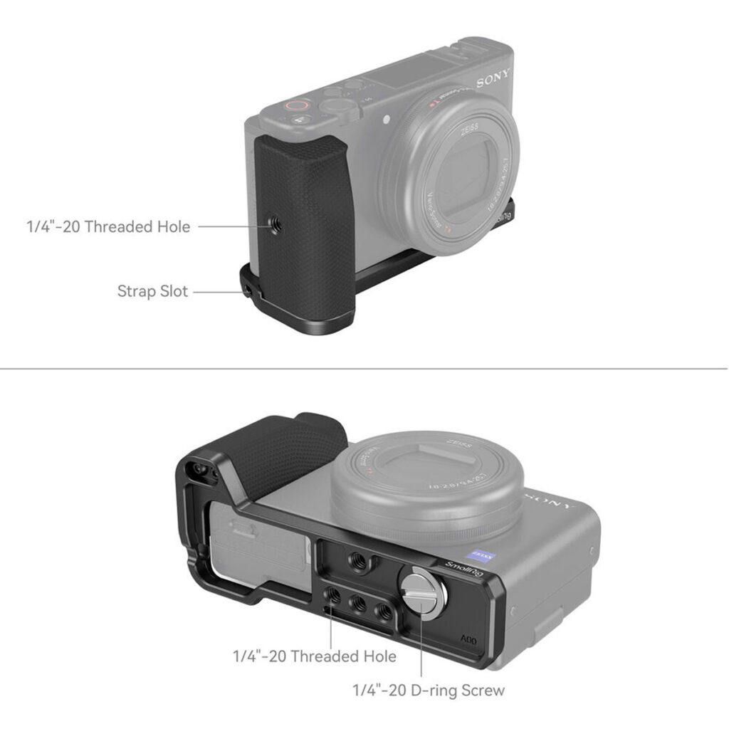 SmallRig-4146-3 Sony ZV-1F, jossa on SmallRig 4146 -käsikahva, on esitetty sivulta ja alhaalta, ja siinä on korostettu käsikahvan 1/4-20 kierteinen reikä, hihna-aukko ja 1/4-20 D-rengasruuvi.