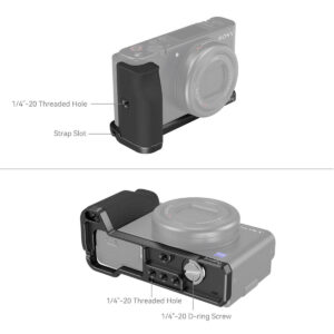 SmallRig-4146-3 Sony ZV-1F, jossa on SmallRig 4146 -käsikahva, on esitetty sivulta ja alhaalta, ja siinä on korostettu käsikahvan 1/4-20 kierteinen reikä, hihna-aukko ja 1/4-20 D-rengasruuvi.