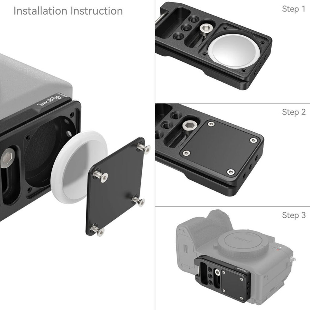 Kolmivaiheinen opas, jossa SmallRig 4150 Arca-Type Quick Release Plate for AirTag -levy kiinnitetään kameraan, lähikuvat jokaisesta vaiheesta ja loppukuva valmiiksi asennetusta kokoonpanosta.
