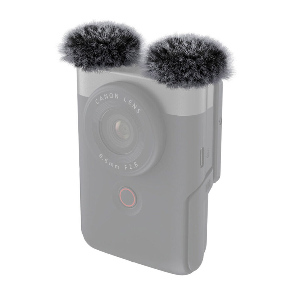 SmallRig-4177-1 SmallRig 4177 Furry Windscreen for Canon PowerShot V10 -kameraan on kaksi pientä, pyöreää suojusta, jotka näyttävät eläimen korvilta ja jotka on suunniteltu vähentämään kameran sisäänrakennettujen mikrofonien tuulen aiheuttamaa melua.