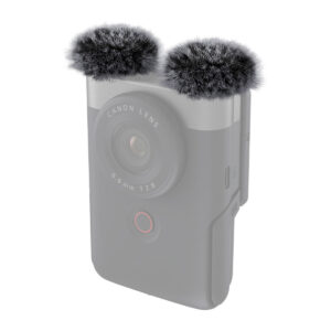 SmallRig-4177-1 SmallRig 4177 Furry Windscreen for Canon PowerShot V10 -kameraan on kaksi pientä, pyöreää suojusta, jotka näyttävät eläimen korvilta ja jotka on suunniteltu vähentämään kameran sisäänrakennettujen mikrofonien tuulen aiheuttamaa melua.