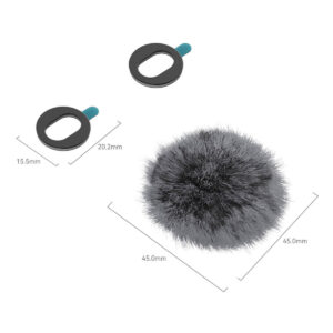 SmallRig-4177-2 SmallRig 4177 Furry Windscreen for Canon PowerShot V10 on pyöreä, harmaa ja pörröinen (halkaisija 45 mm), ja siinä on kaksi erillistä mustaa soikeaa kiinnitysrengasta (20,2 mm x 15,5 mm); kaikkien osien mitat on merkitty.
